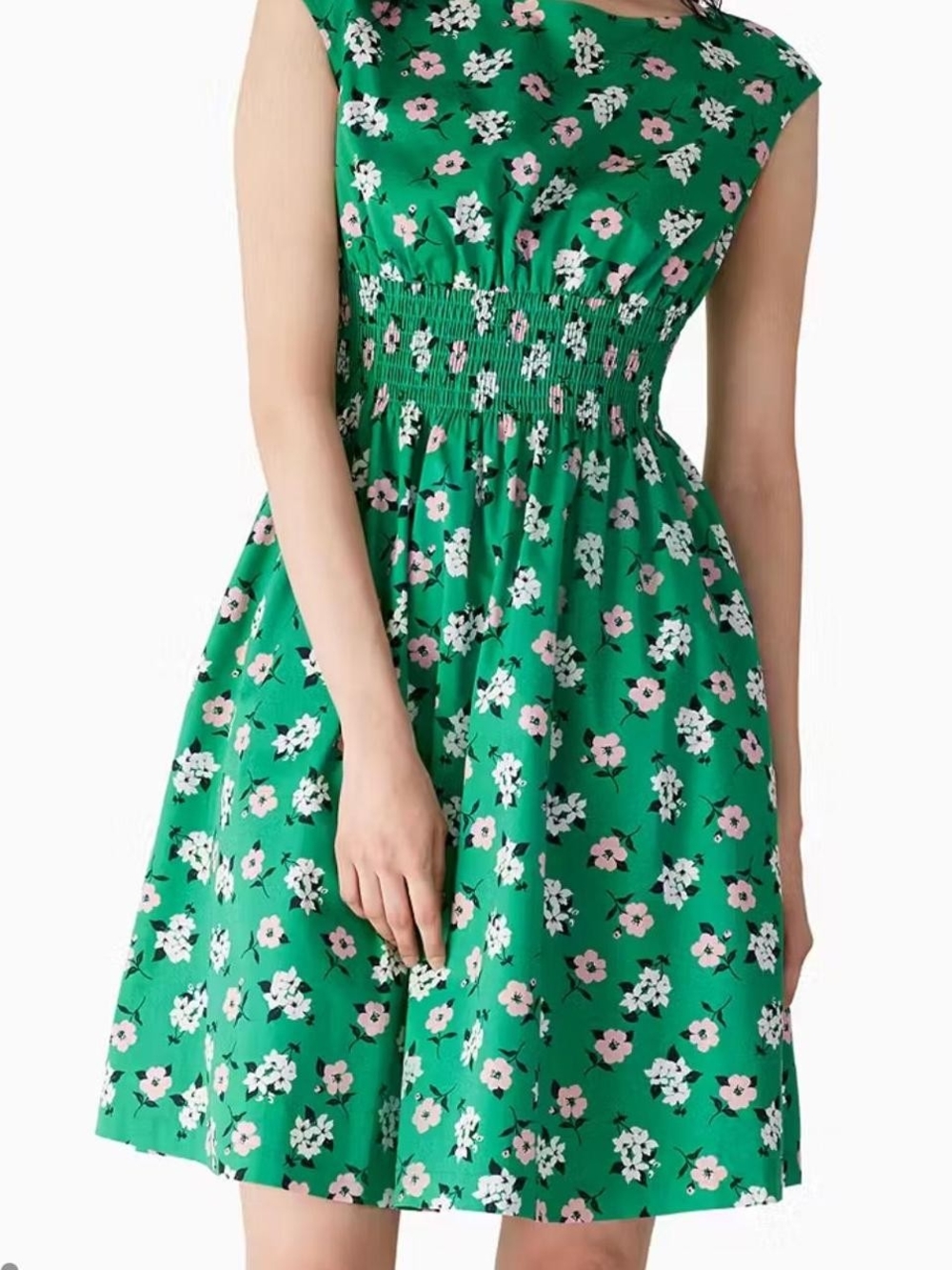 Green Floral Smocked Waist Women’s Dress